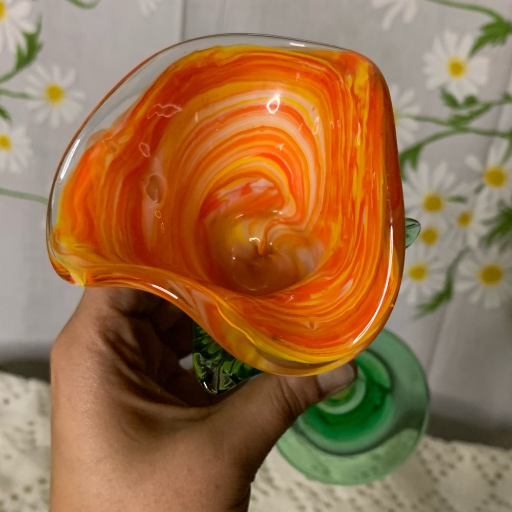 Vintage hand blown glass speckle green orange rose decorative art glass - Picture 8 of 8